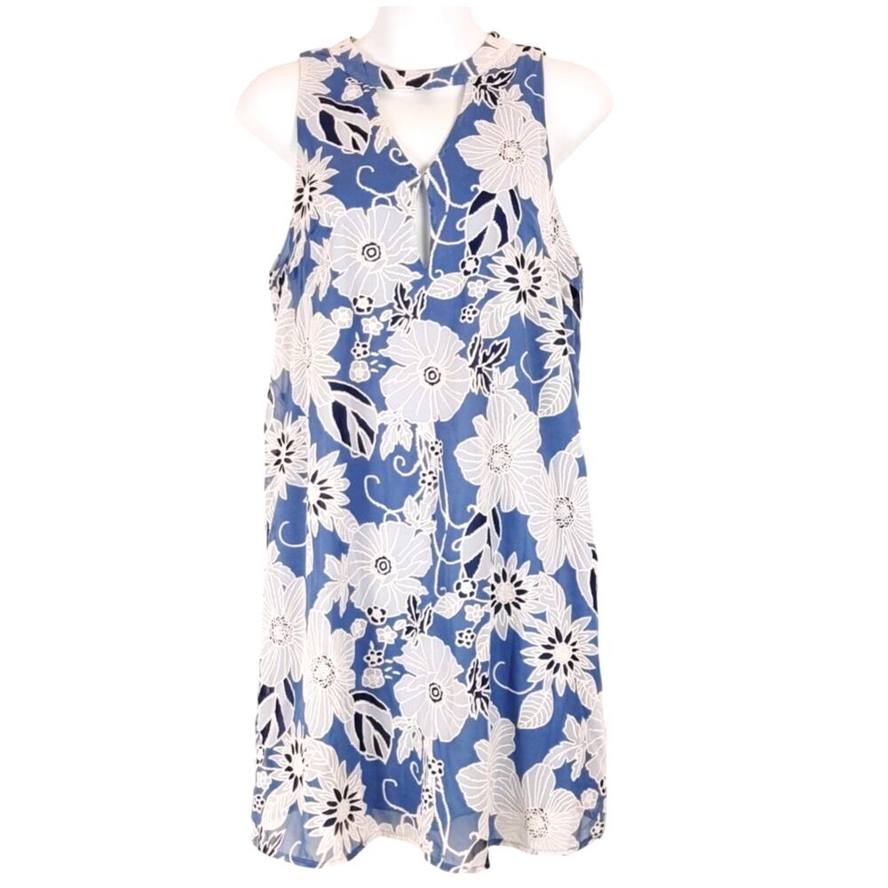 Dee Elly Floral Shift Dress Sleeveless Embroidered Cut-Out Blue White Womens S